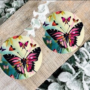 Handmade Pink Butterfly Car Coasters | New Set Of Two Butterfly Car Coasters